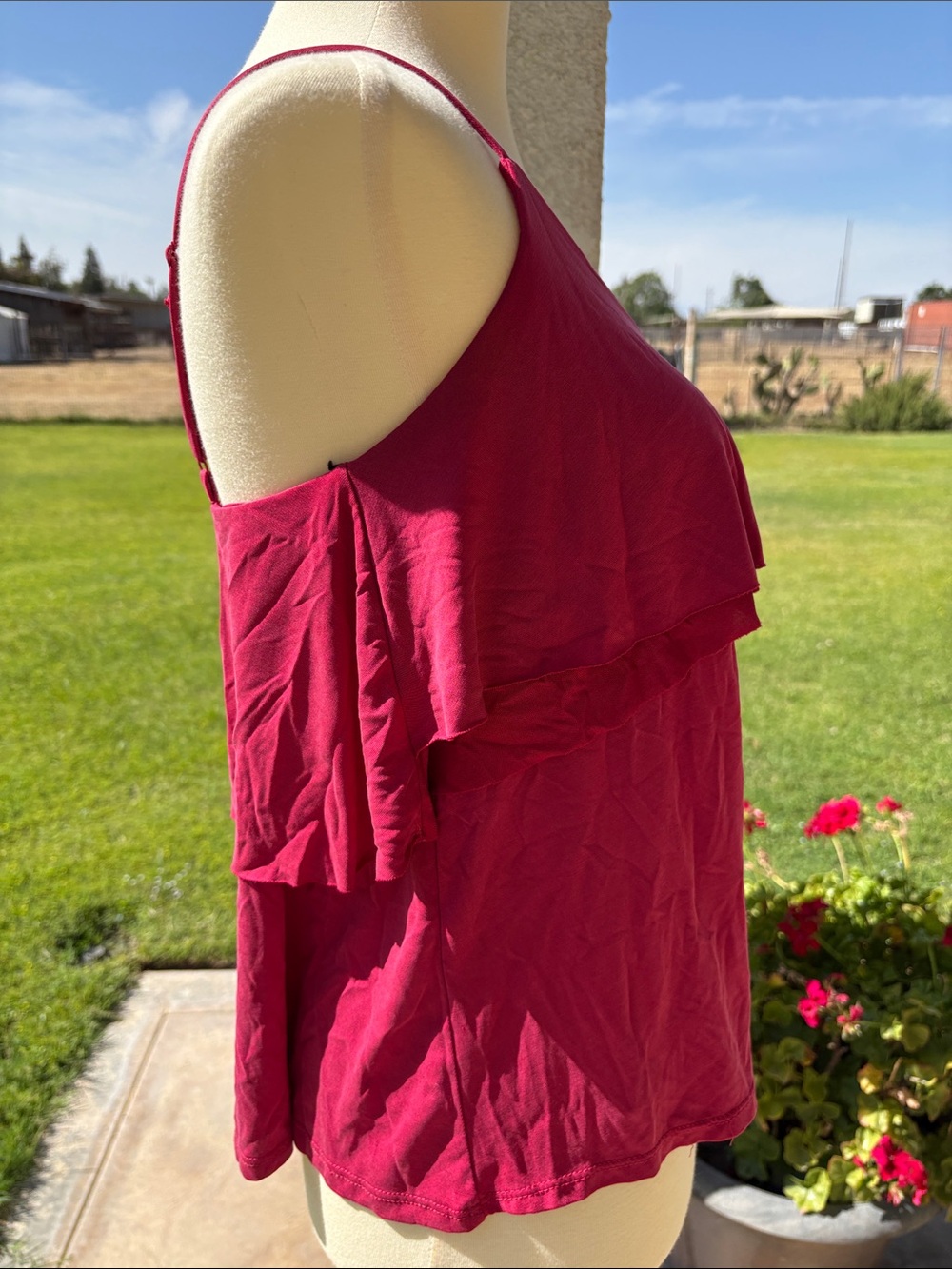 Women’s Raspberry Pink Spaghetti Strap Ruffle Tank Top - Picture 5 of 8